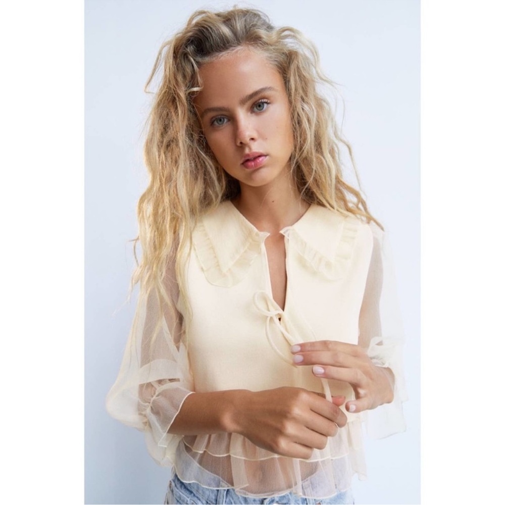 Zara Sheer Sleeve Ruffled Crop Blouse - Cream Peter Pan Collar Small